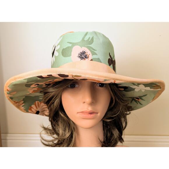 Handcrafted Hat Wide Brim Mint Peach Floral Ribbon Band Garden Cottagecore Med - Picture 8 of 12